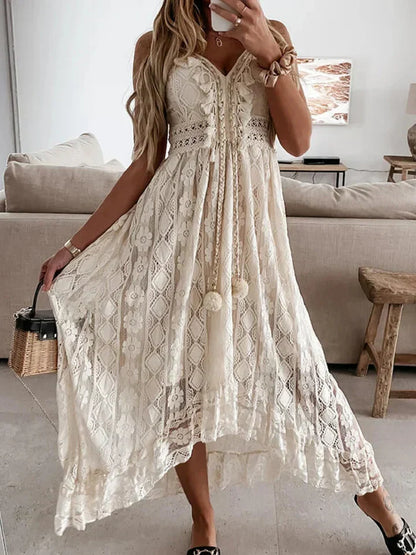 Women's Bohemian Maxi Dress Lace Trim Flared Sleeves