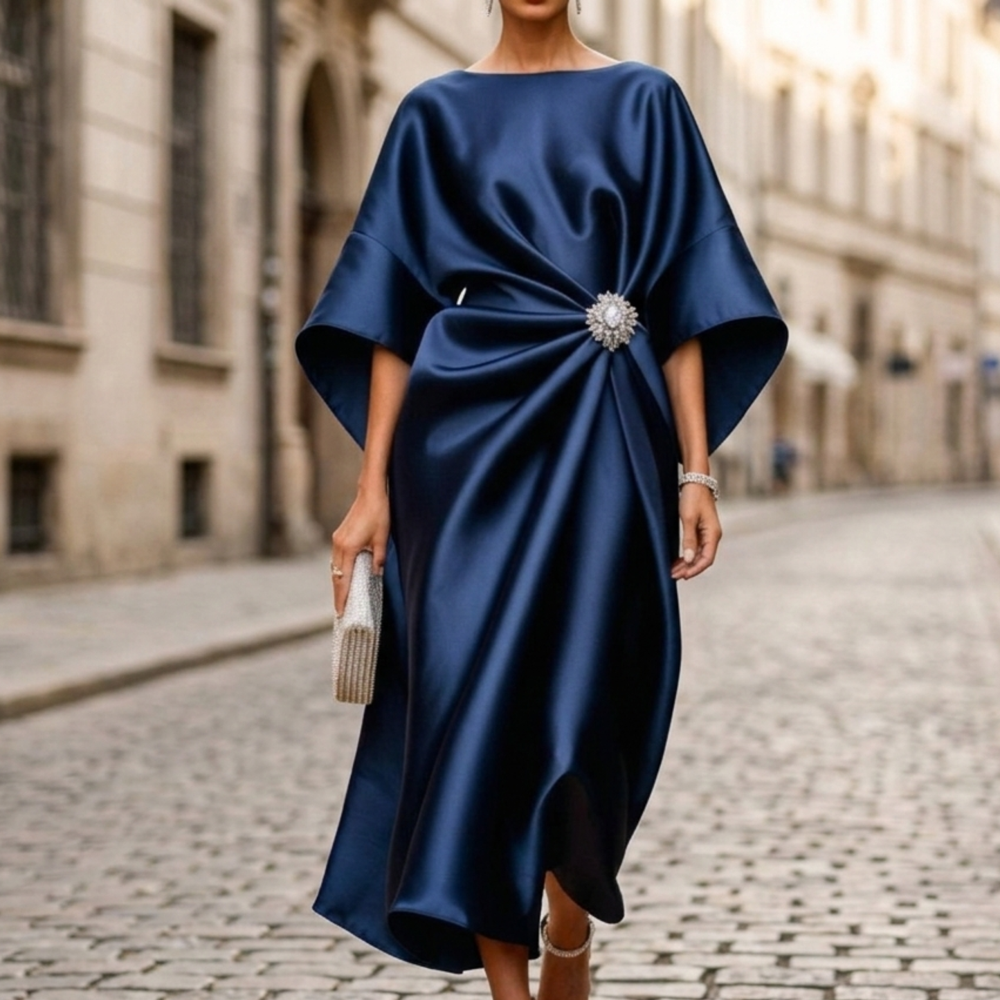 Evening Dress Women Satin Midi Cape Sleeve