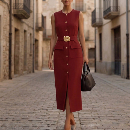 Sleeveless Button Front Belted Midi Dress Women
