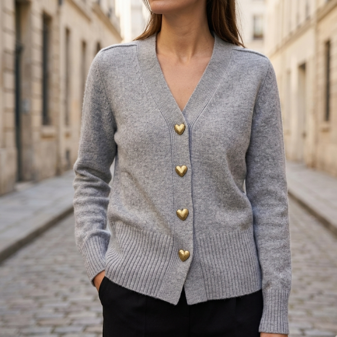 Women’s Knit Cardigan Gold Heart Button V-Neck Sweater