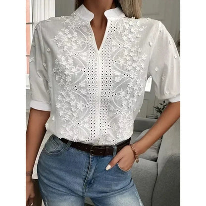 Women's White Embroidered V-Neck Blouse - VibreMode