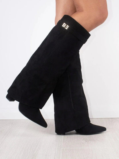 Chic Women's High Heel Leather Knee Boots with Buckle
