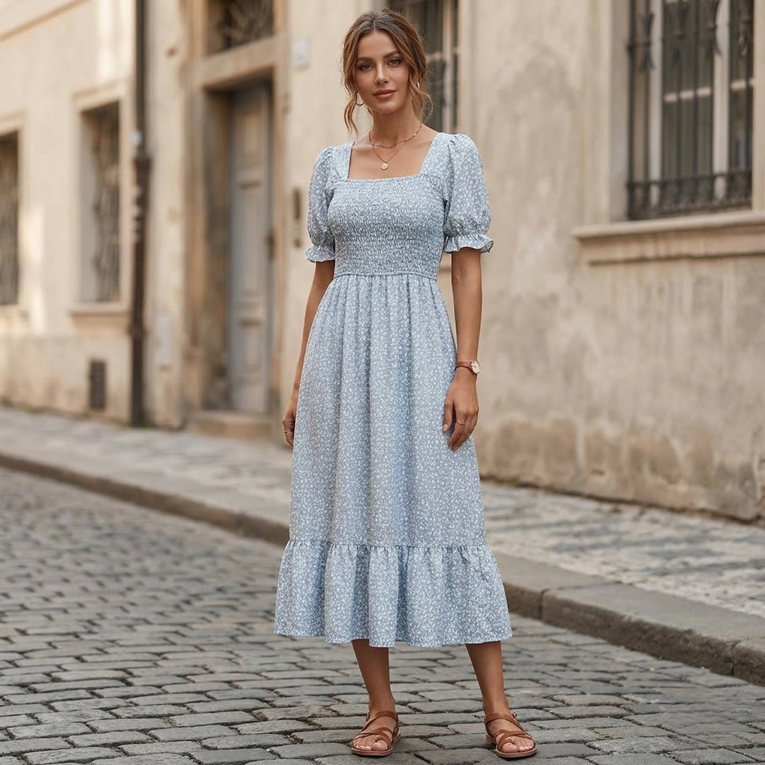 Women’s Midi Dress Puff Sleeve Square Neck Summer Dress