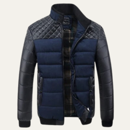 Men's Quilted Leather Jacket Stand Collar