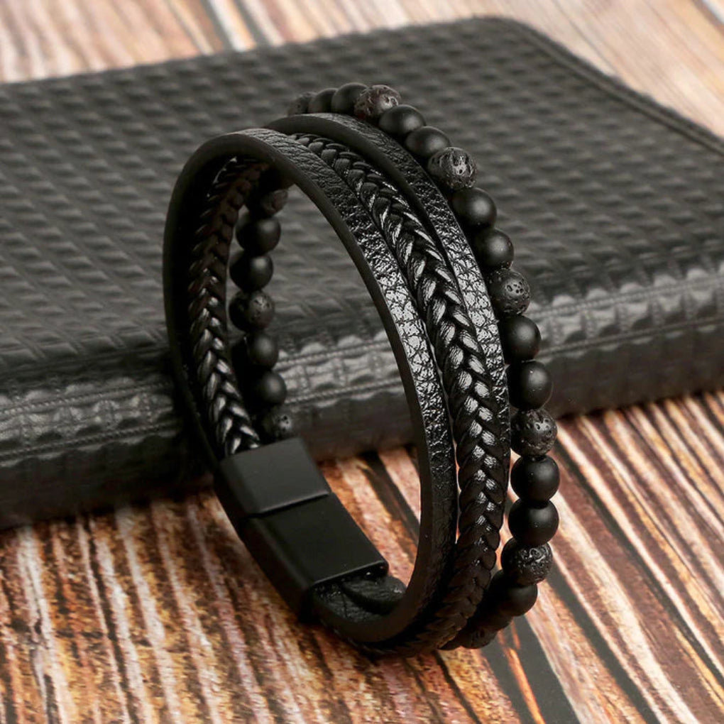 Men's Leather Stone Bead Bracelet