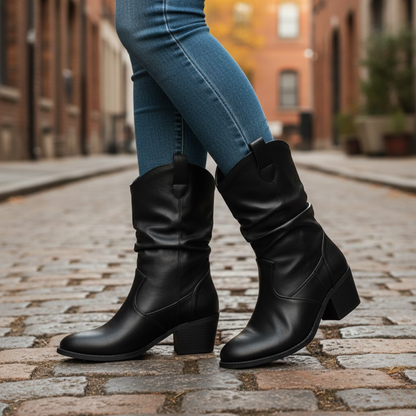 Trendy Ladies Mid Heel Western Denim Boots