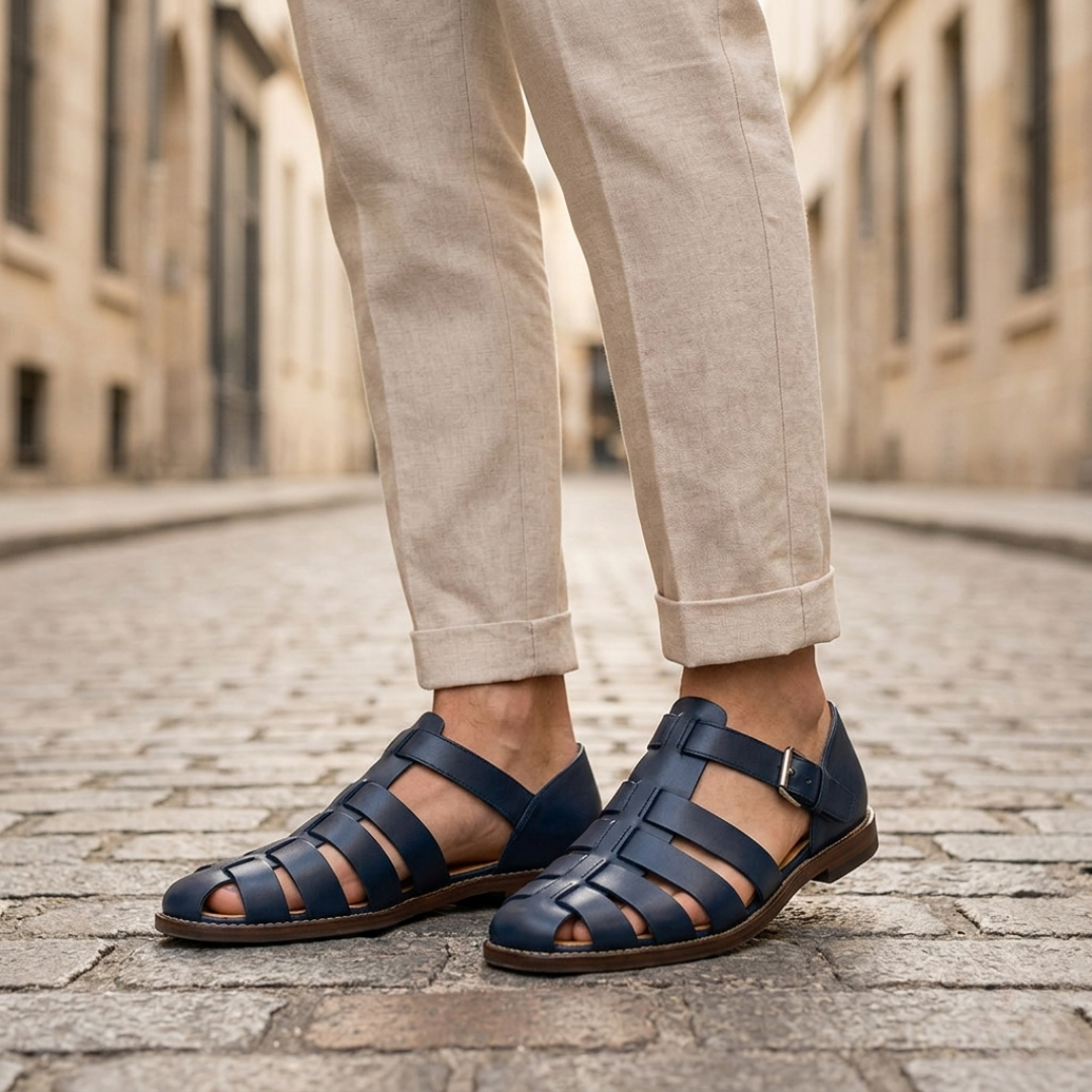 Men’s Leather Sandals Closed Toe Buckle Strap Summer Shoes