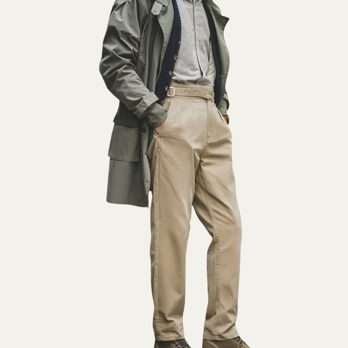 Men's High Waisted Cargo Pants Vintage Style Cotton Beige