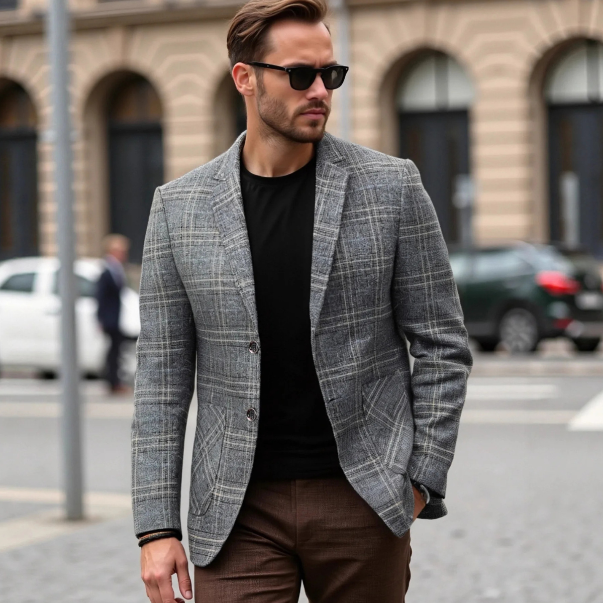 Mens Slim Fit Blazer Checked Lightweight Navy