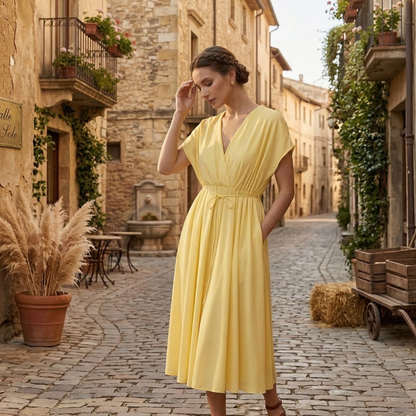 Women’s Midi Dress Deep V Neck Flutter Sleeve Tie Waist A-Line Dress