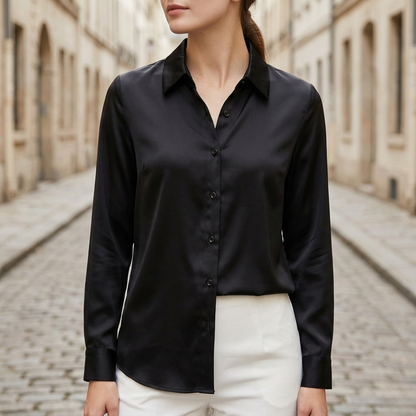 Women’s Satin Button Down Blouse Long Sleeve Office Shirt