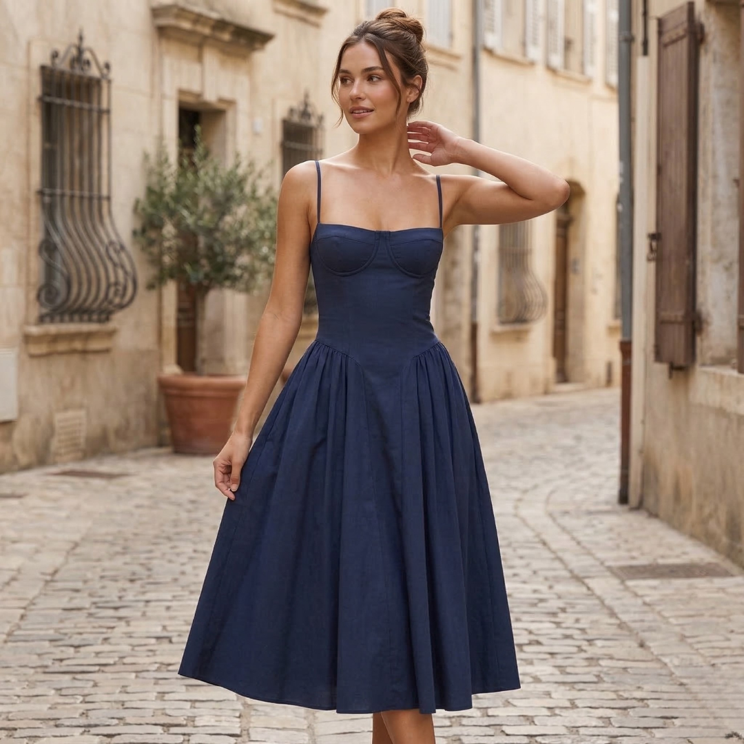 Midi Dress Corset Bodice Spaghetti Strap Women