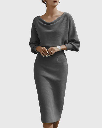 Women's Ribbed Cowl Neck Long Sleeve Midi Dress