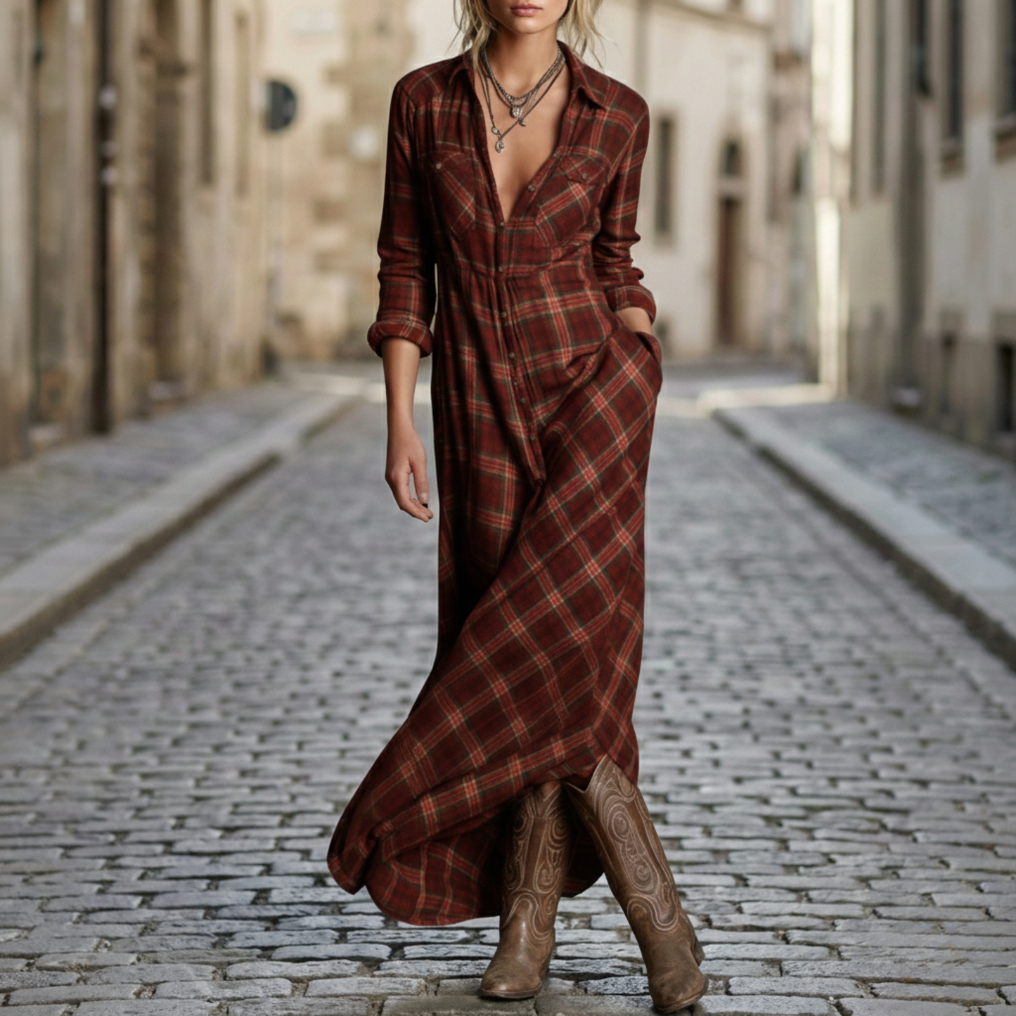 Maxi Shirt Dress Women Plaid Long Sleeve