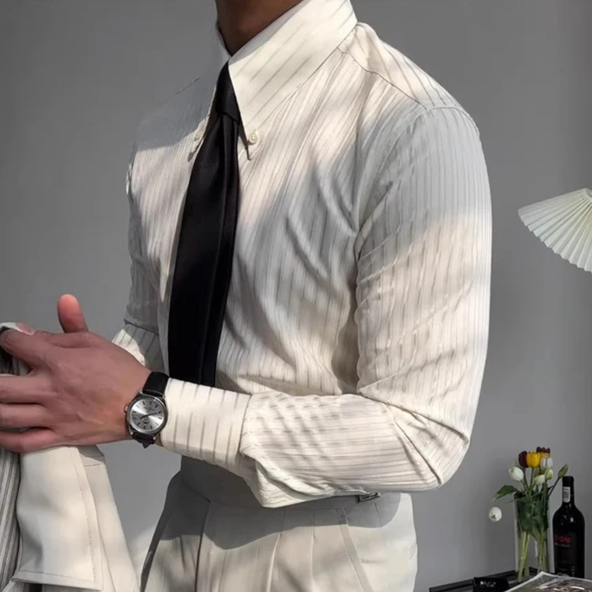 Mens Textured Pleated Dress Shirt Apricot