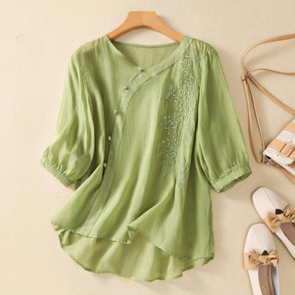 Ladies Classic Embroidered Floral Button Down Shirt