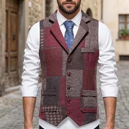 Men’s Patchwork Tweed Vest Vintage Style Tailored Waistcoat