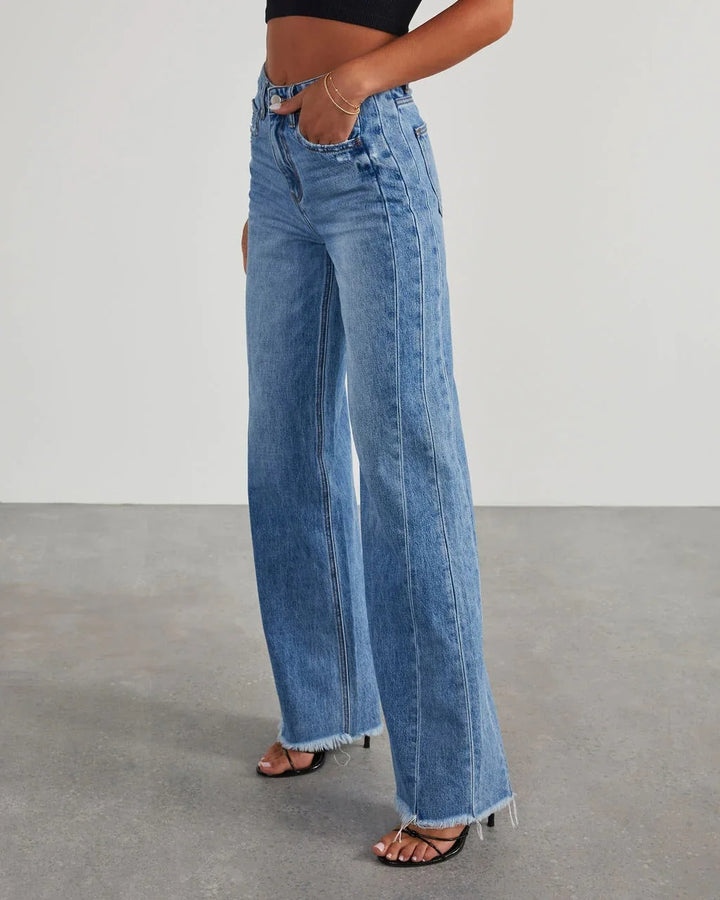 Women's Wide Leg Jeans Frayed Hem Dark Blue