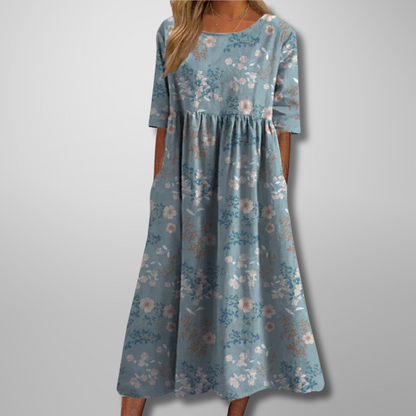 Women's Floral Maxi Dress Short Sleeves Gathered Waist