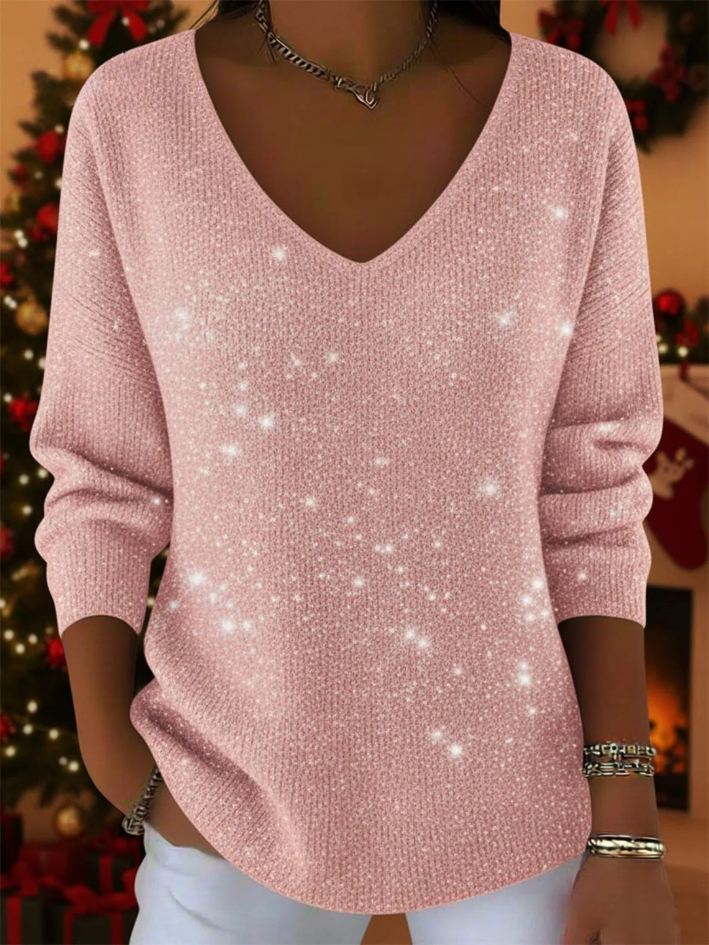 Women's Sequin Blouse Long Sleeve V-Neck