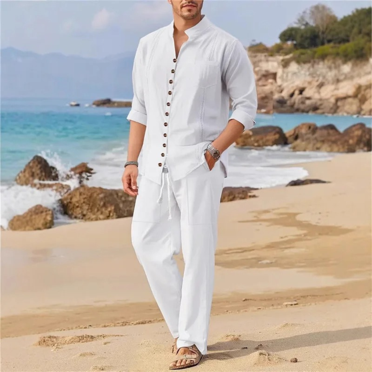 Men's Cotton Linen Two Piece Shirt Set