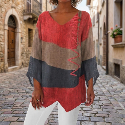 Women’s Block V Neck Tunic Top Loose Fit Casual Blouse