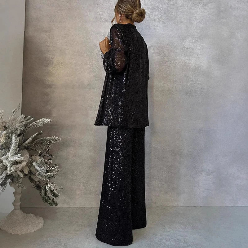 Women's Sequin Two-Piece High-Waisted Pants Set