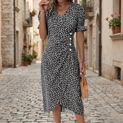 Women’s Floral Wrap Midi Dress V-Neck Short Sleeve Summer Dress