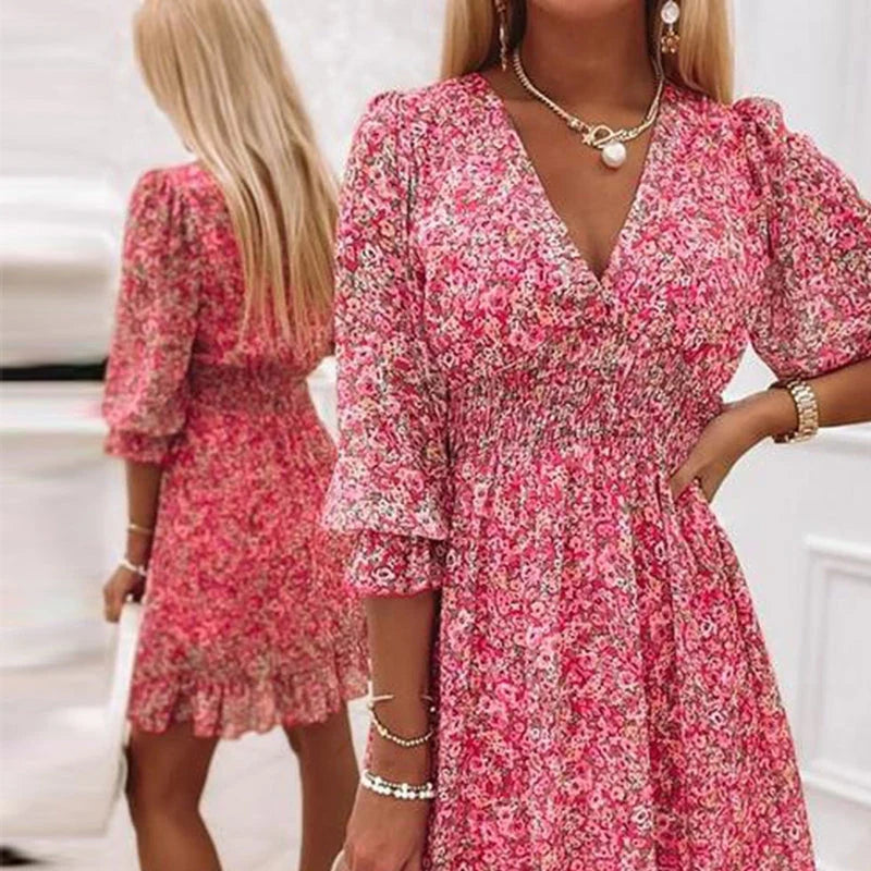 Women's Floral Mini Dress V-Neck Puff Sleeves