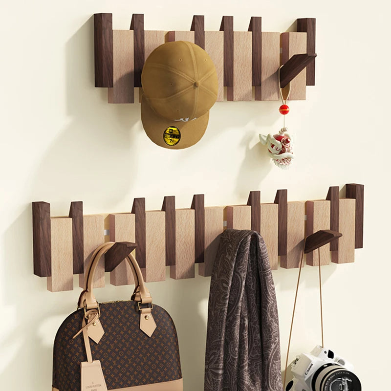 Wooden Wall Coat Rack With Folding Hooks