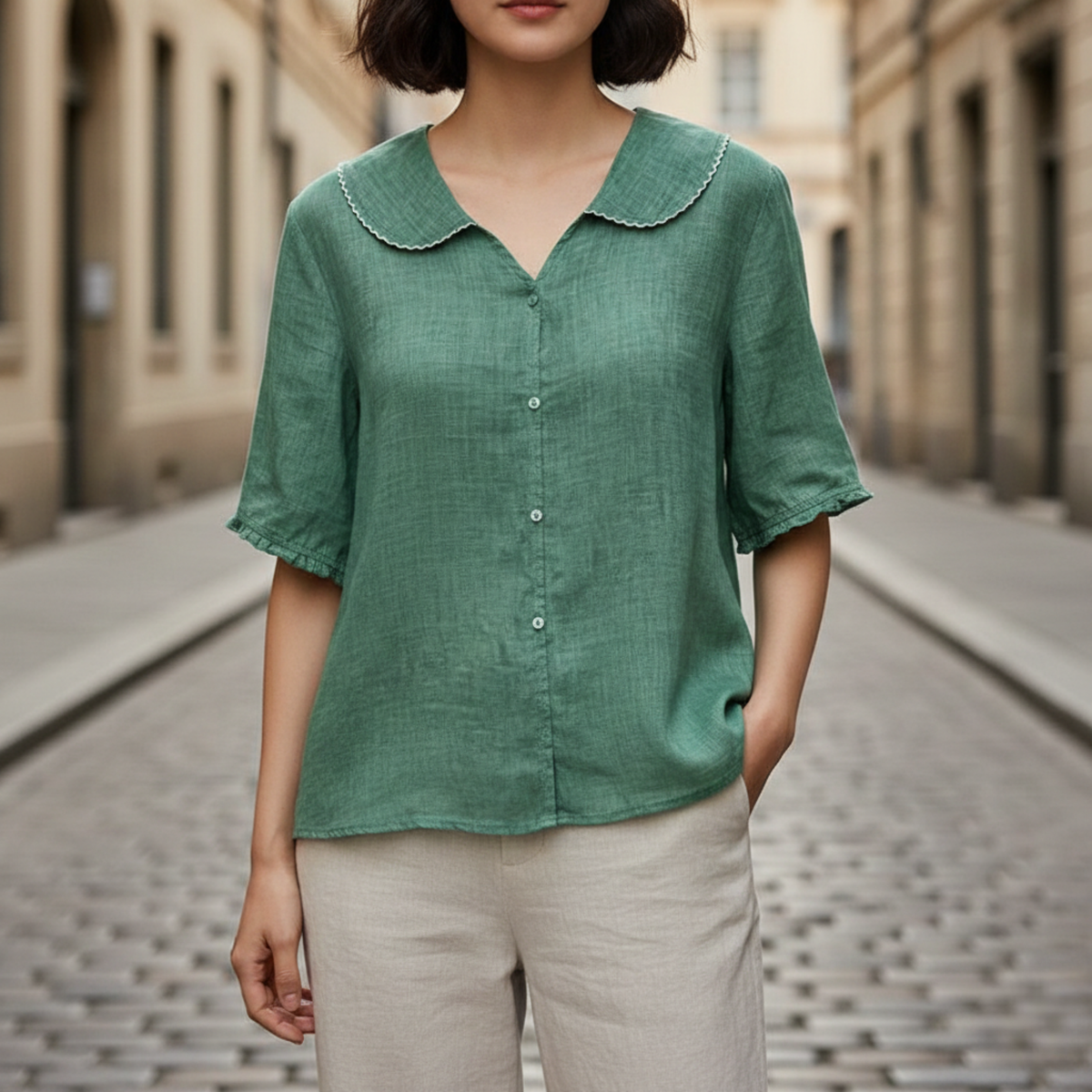 Women’s Button Down Blouse Scalloped Collar Casual Summer Top