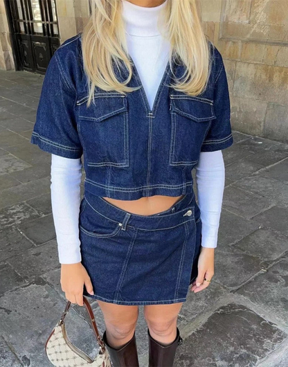 Women's Denim Two-Piece And Skirt Set