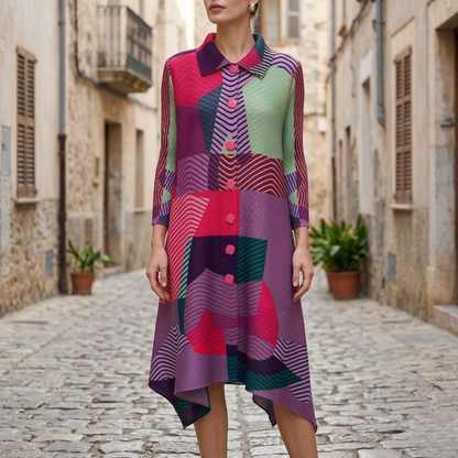 Women’s Retro Print Midi Dress Geometric Color Block Button Front Collared Dress