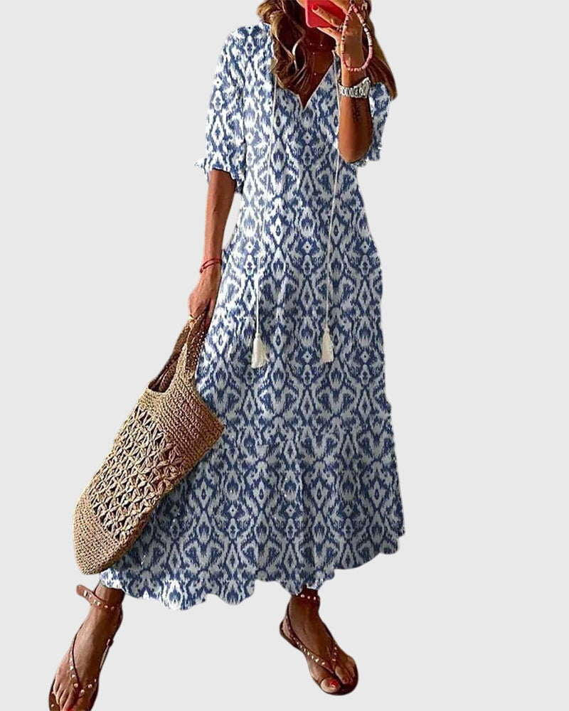 Trendy Floral V Neck Tassel Maxi Dress - VibreMode