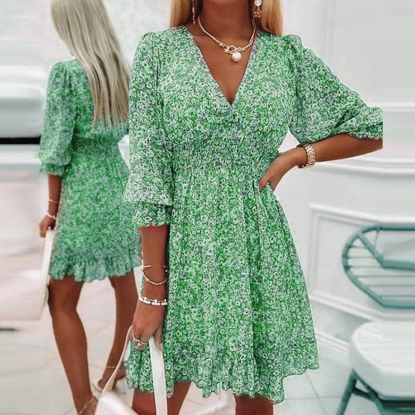 Women's Floral Mini Dress V-Neck Puff Sleeves