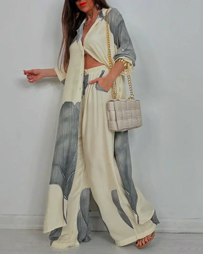 Women's Wide Leg Pantsuit Set Button Front - VibreMode