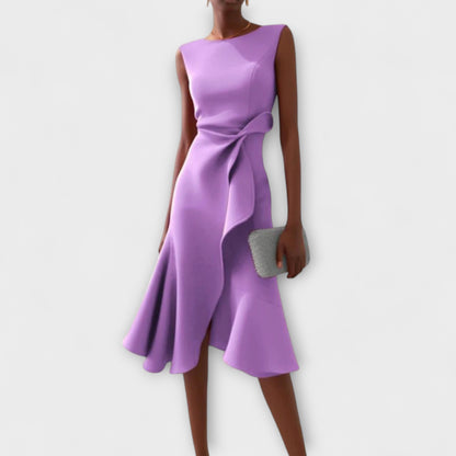 Women's Sleeveless Midi Dress Round Neck Draped Waist Asymmetric