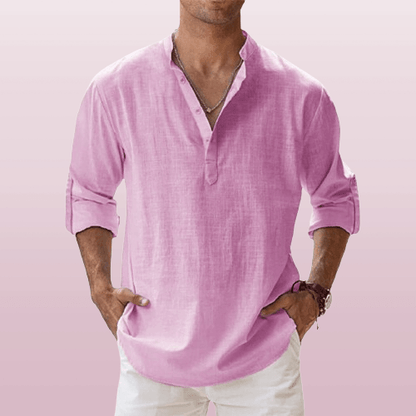 Men's Linen Blend Henley Shirt Long Sleeve Casual Beige