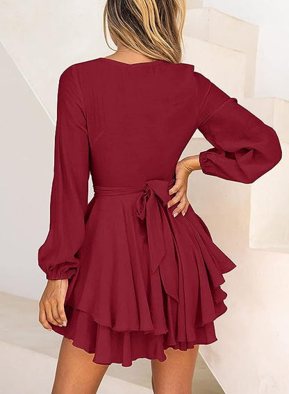 Women's V-Neck Lantern Sleeve Dress
