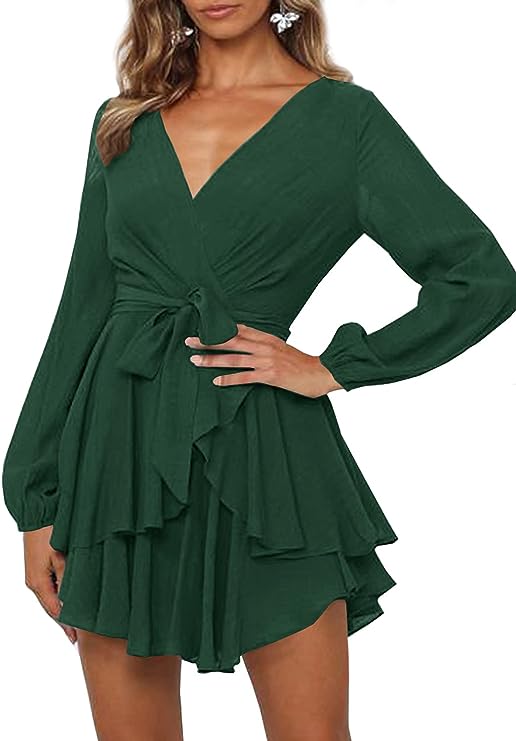 Women's V-Neck Lantern Sleeve Dress