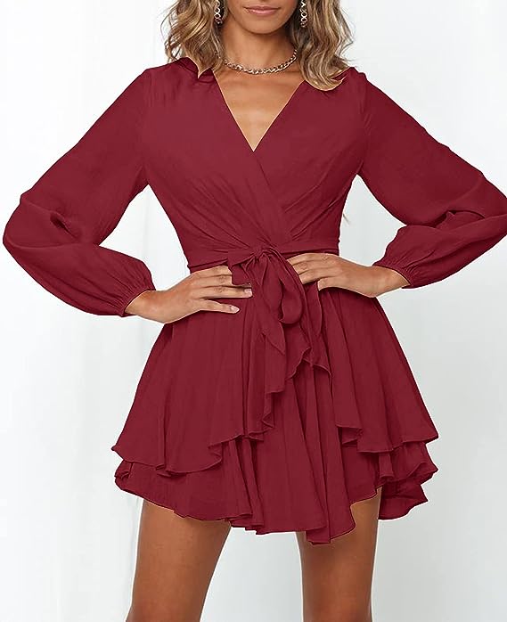 Women's V-Neck Lantern Sleeve Dress