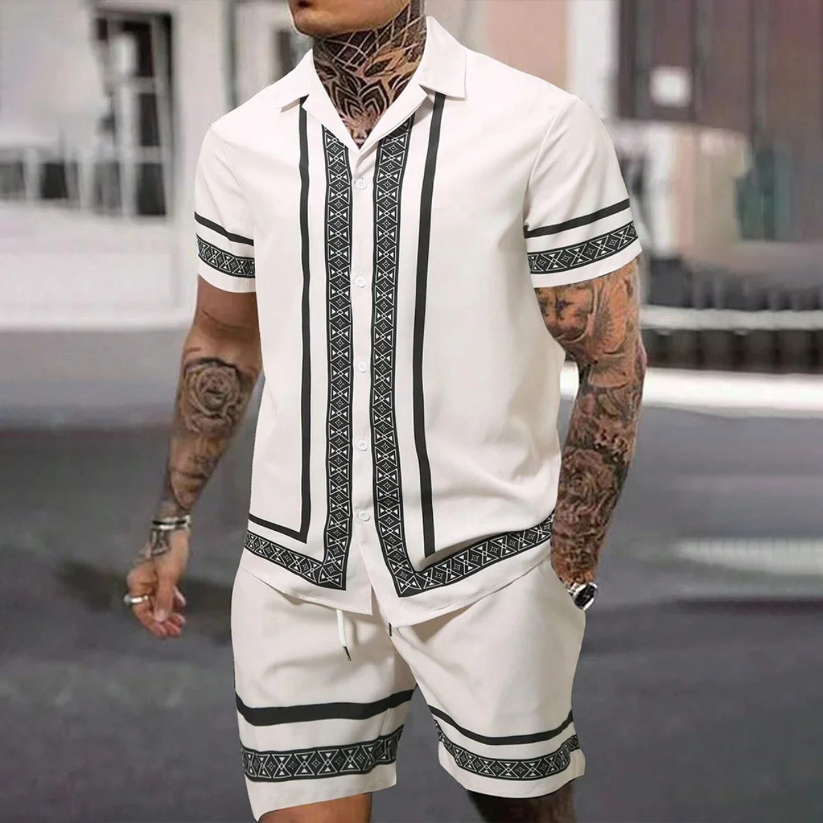 Men's Print Shirt And Shorts Set