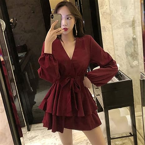 Women's V-Neck Lantern Sleeve Dress