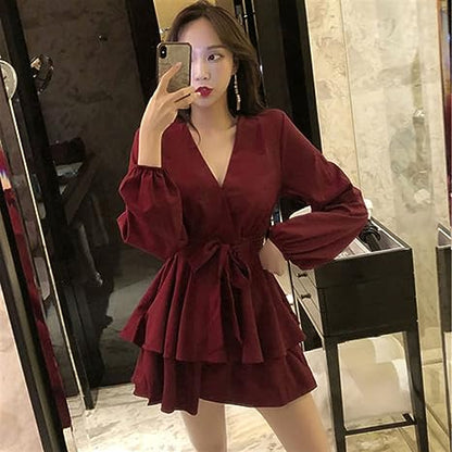 Women's V-Neck Lantern Sleeve Dress