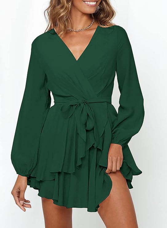 Women's V-Neck Lantern Sleeve Dress