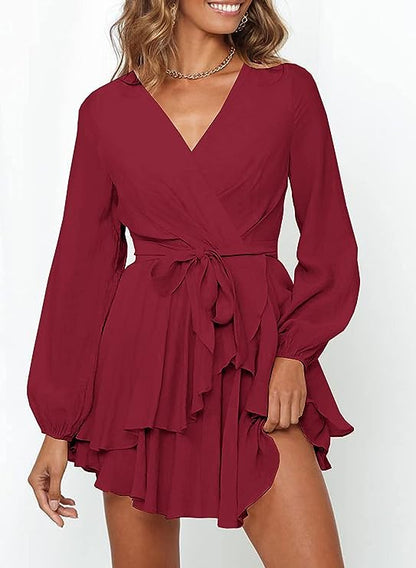 Women's V-Neck Lantern Sleeve Dress