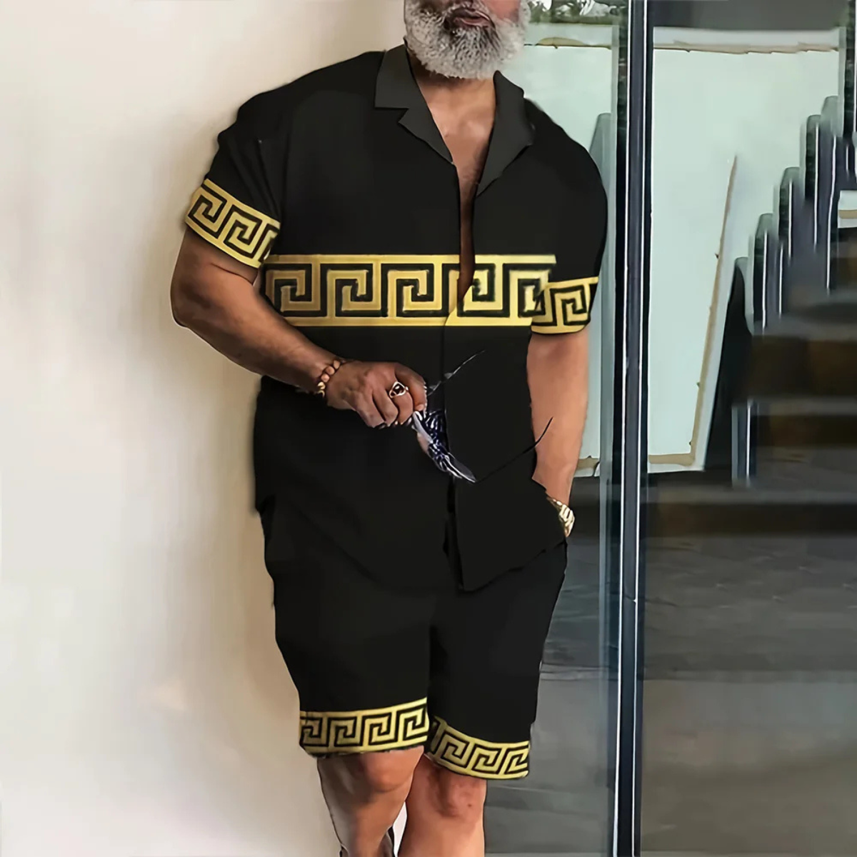 Men's Print Shirt And Shorts Set