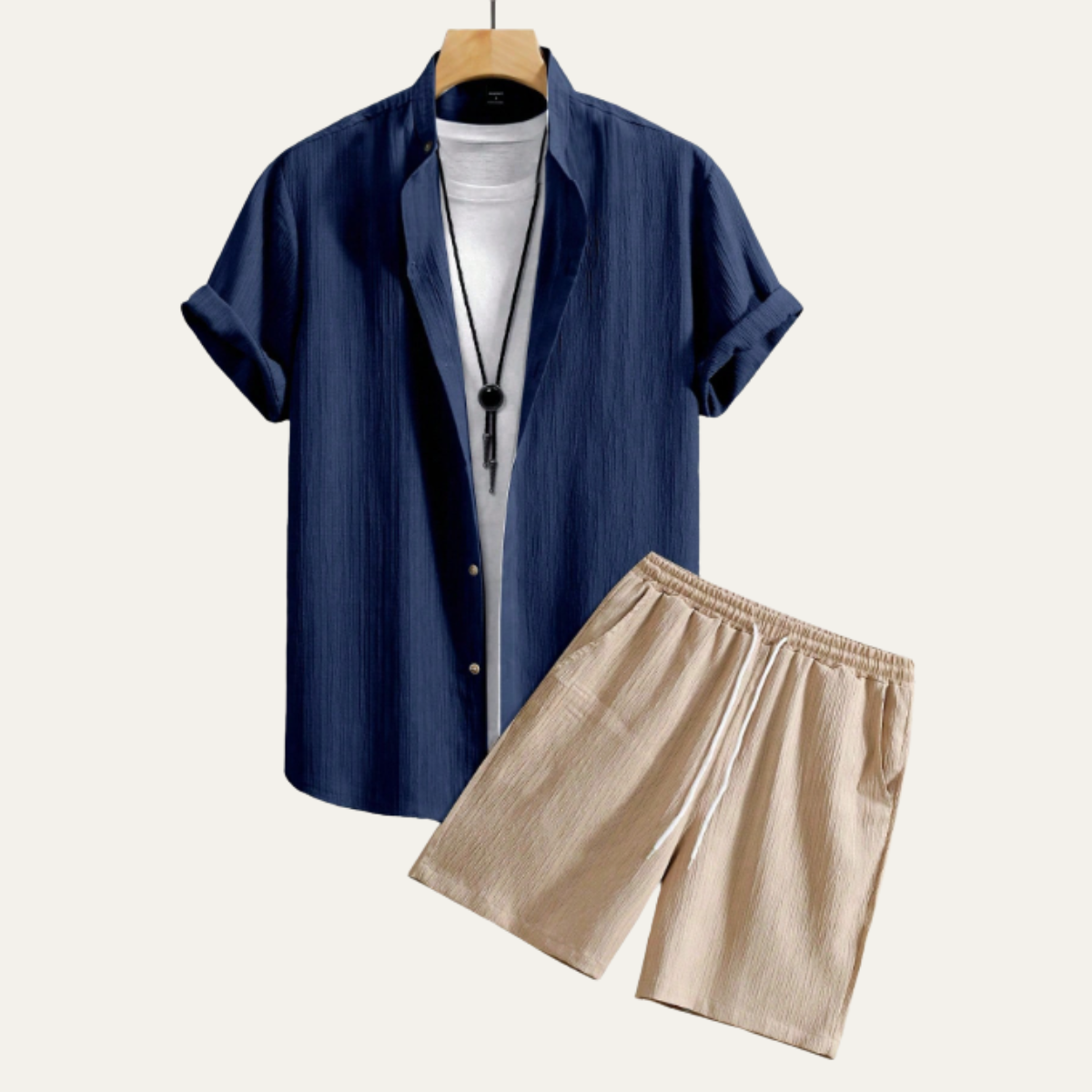 Men's Button Up Shirt And Shorts Set Cotton