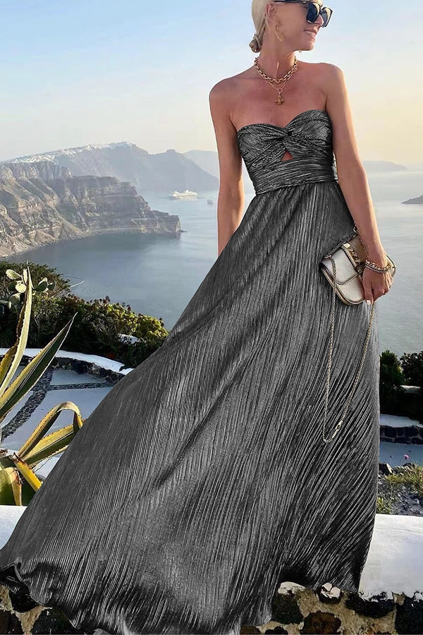 Strapless A-Line Evening Gown Metallic Pleated Design