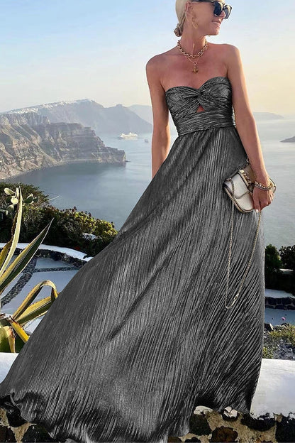Strapless A-Line Evening Gown Metallic Pleated Design